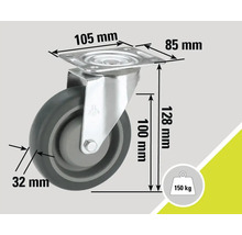 Lenkrolle mit den Massen 105 mm, 85 mm, 128 mm, 100 mm, 32 mm und einer Traglast von 150 kg