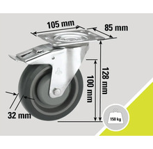Roue pivotante avec blocage et dimensions 100 x 32 millimètres, capacité de charge 150 kilogrammes
