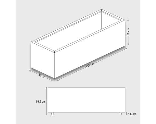 Technische Zeichnung eines Pflanzkastens mit Maßangaben