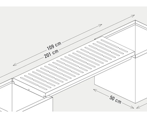 Abbildung einer Brücke mit den Maßen 109 Zentimeter und 201 Zentimeter, die zwischen zwei Behältern mit den Maßen 50 Zentimeter platziert ist.