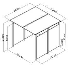 Dimensions d'un pavillon de jardin avec une longueur de 223 centimètres et une largeur de 227 centimètres