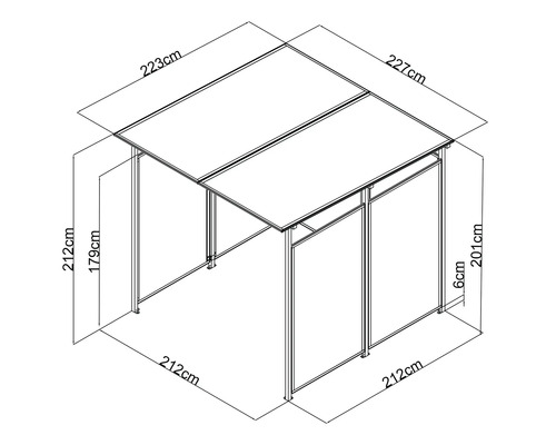 Dimensions d'un pavillon de jardin avec une longueur de 223 centimètres et une largeur de 227 centimètres