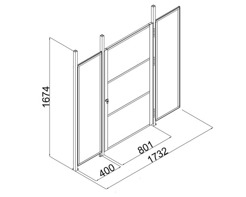 Technische Zeichnung einer Raumteileranlage mit Maßangaben
