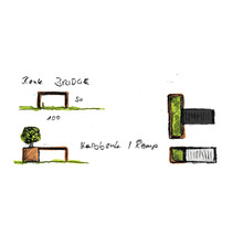 Schéma d'un pont en bois mesurant 50 x 100 centimètres, d'une rampe et d'un banc en bois avec arbre