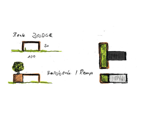 Schéma d'un pont en bois mesurant 50 x 100 centimètres, d'une rampe et d'un banc en bois avec arbre