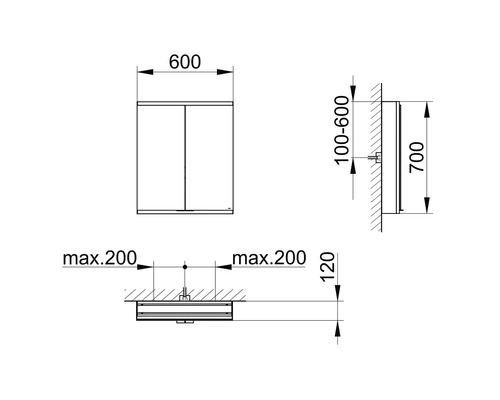 Dessin technique d'une armoire de toilette avec dimensions