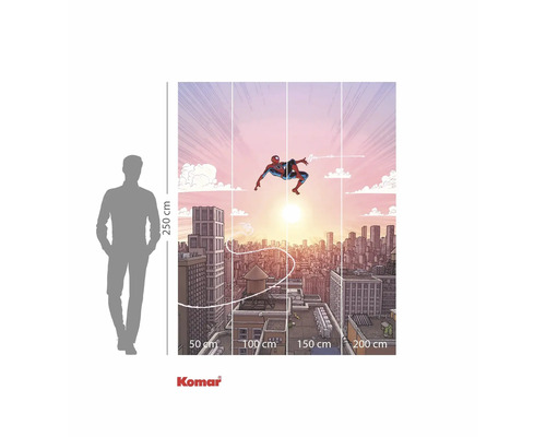 Illustration d'un papier peint photo Spiderman devant un paysage urbain au coucher du soleil avec des détails de mesure