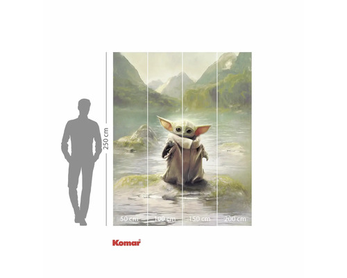 Papier peint photo avec une figurine dans un paysage lacustre et des indications de taille