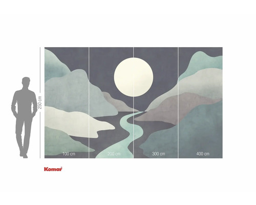 Papier peint photo avec motif de montagne abstraite et lune, dimensions avec indication de la taille