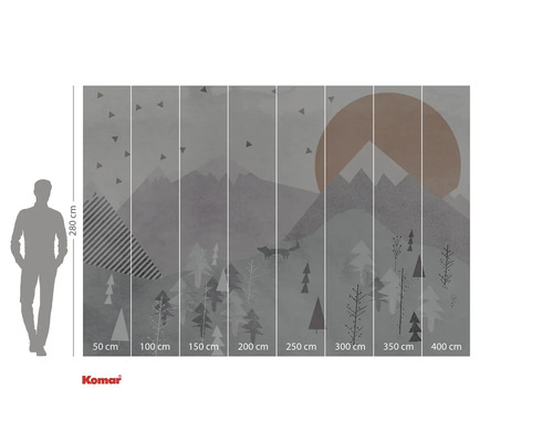 Fototapete mit Wald-, Berg- und Sonnenmotiv, 280 mal 400 cm