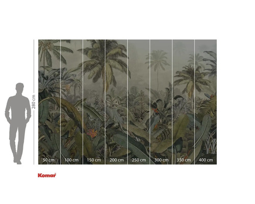 Papier peint avec motif de jungle et indications de taille.