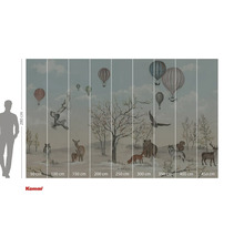 Papier peint photo avec animaux de la forêt et montgolfières dans un paysage hivernal