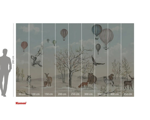 Papier peint photo avec animaux de la forêt et montgolfières dans un paysage hivernal