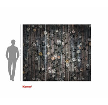 Papier peint photo avec motif floral sur aspect planches de bois et indications de dimensions