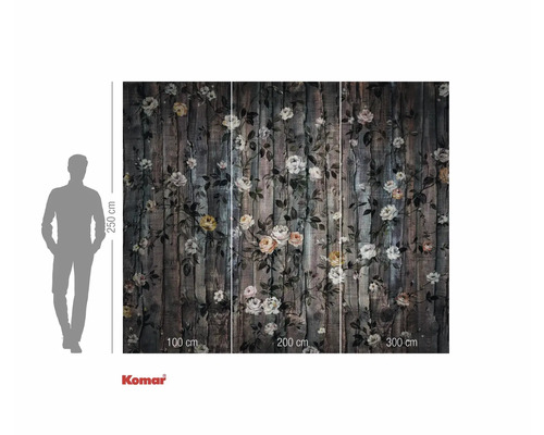 Papier peint photo avec motif floral sur aspect planches de bois et indications de dimensions