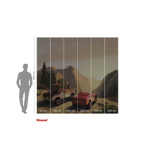 Fototapete mit Cars-Motiv, bestehend aus mehreren Bahnen mit Größenangaben und einer Silhouette als Größenvergleich.