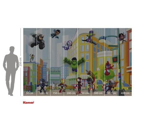 Papier peint photo avec des super-héros Marvel dans un style bande dessinée devant un paysage urbain