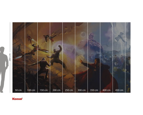 Avengers-Wandbild mit diversen Comicfiguren und Größenangaben.