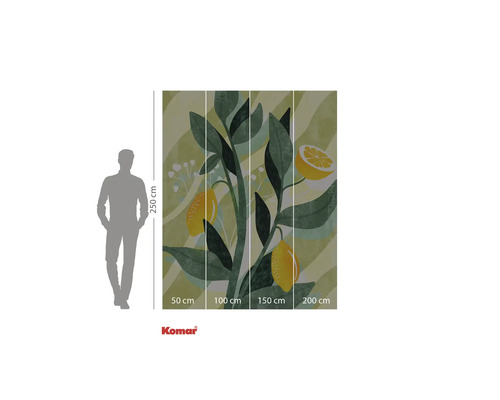 Komar Logo. Wandbild mit Zitronenmotiv, bestehend aus vier Teilen mit den Maßen 50 cm, 100 cm, 150 cm und 200 cm, Höhe 250 cm.