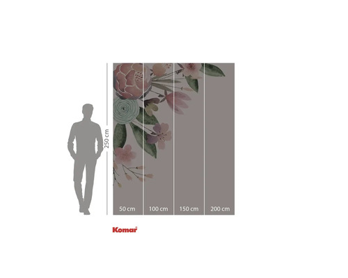 Papier peint photo Komar avec motif floral et indications de taille.