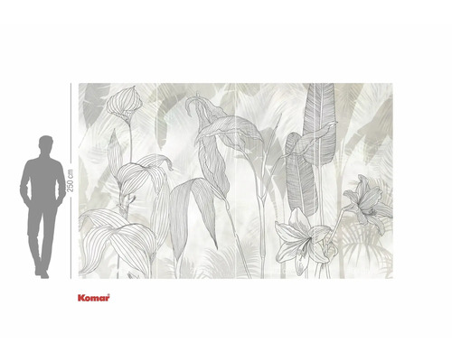 Papier peint photo avec motif végétal et une personne pour comparer les tailles. Komar Logo.
