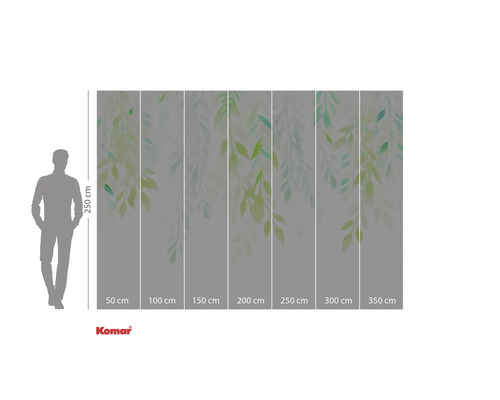 Papier peint photo avec motif de feuilles et indications de taille.