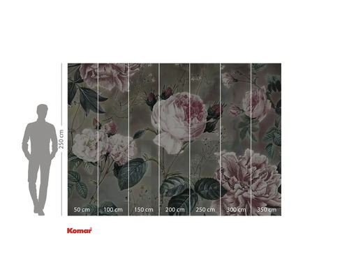 Papier peint photo avec motif de roses et indications de taille.