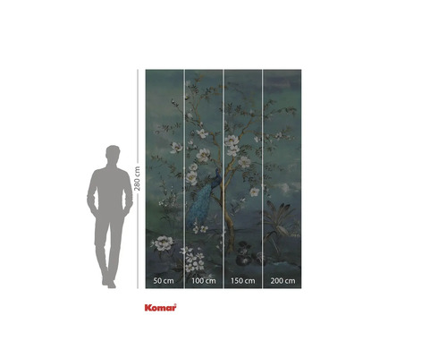 Papier peint photo Komar avec paons et motifs floraux, 280 cm de haut, divisé en quatre lés