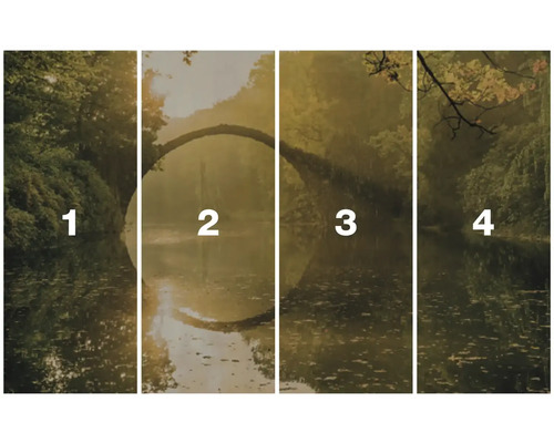 Papier peint photo en quatre parties avec un motif de paysage d'un lac et d'un pont