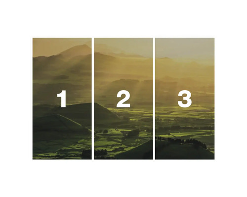 Image de paysage en trois parties avec montagnes et champs