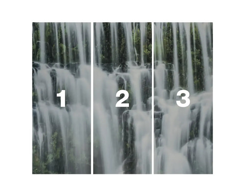 Tapetenmotiv mit Wasserfall, bestehend aus drei Teilen mit den Nummern 1, 2 und 3