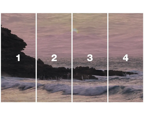 Vierteiliges Landschaftsbild einer Küste mit Felsen und Meer