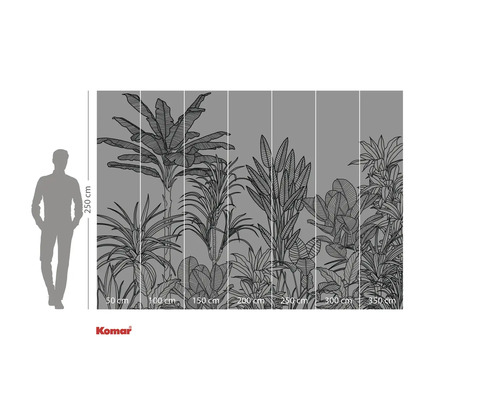 Illustration einer Wandtapete mit tropischen Pflanzen, Maße angegeben