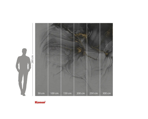 Komar Fototapete mit abstraktem Muster in Grau und Gold, Größenangaben.