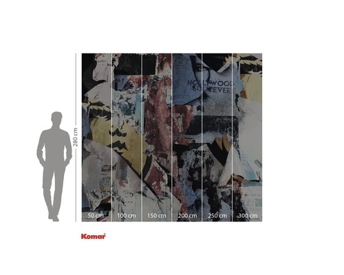 Papier peint photo avec un motif de panneau d'affichage déchiré et des indications de taille