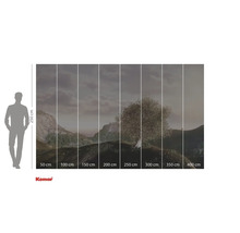 Papier peint photo avec motif de paysage et arbre, composé de huit panneaux avec indication de taille et logo Komar