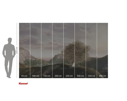 Papier peint photo avec motif de paysage et arbre, composé de huit panneaux avec indication de taille et logo Komar