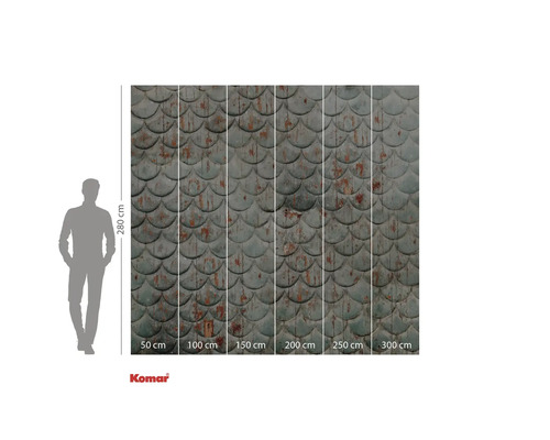 Papier peint photo avec motif écailles et indications de taille.