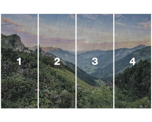 Vierteiliges Landschaftspanorama mit Bergen und Vegetation