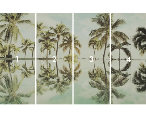 Papier peint photo en quatre parties avec des motifs de palmiers et un reflet dans l'eau.
