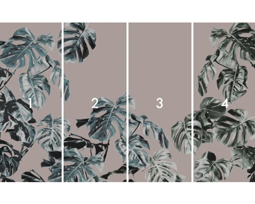 Papier peint photo en quatre parties avec motif de feuille de Monstera