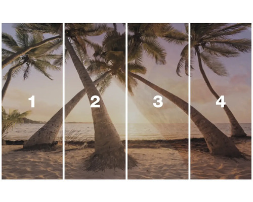 Peinture murale en quatre parties avec des palmiers sur la plage