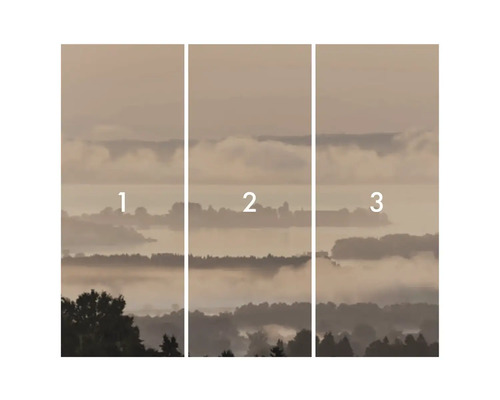 Papier peint intissé avec motif de paysage brumeux, composé de trois parties