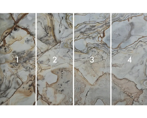 Quatre motifs différents de carreaux imitation marbre.