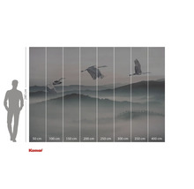 Papier peint photo avec des grues survolant un paysage montagneux