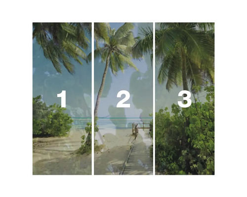 Image en trois parties avec des palmiers sur la plage