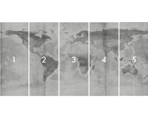 Wandbild mit Weltkarte, bestehend aus fünf Teilen