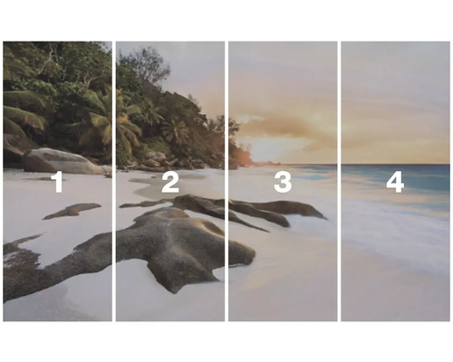 Motif de plage en quatre parties avec rochers et végétation