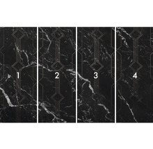 Papier peint intissé avec texture de marbre et motifs géométriques, quatre lés côte à côte.