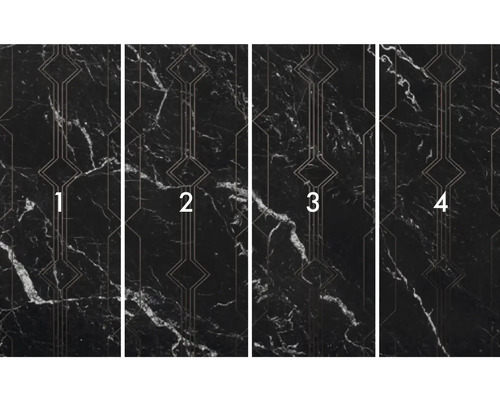 Papier peint intissé avec texture de marbre et motifs géométriques, quatre lés côte à côte.